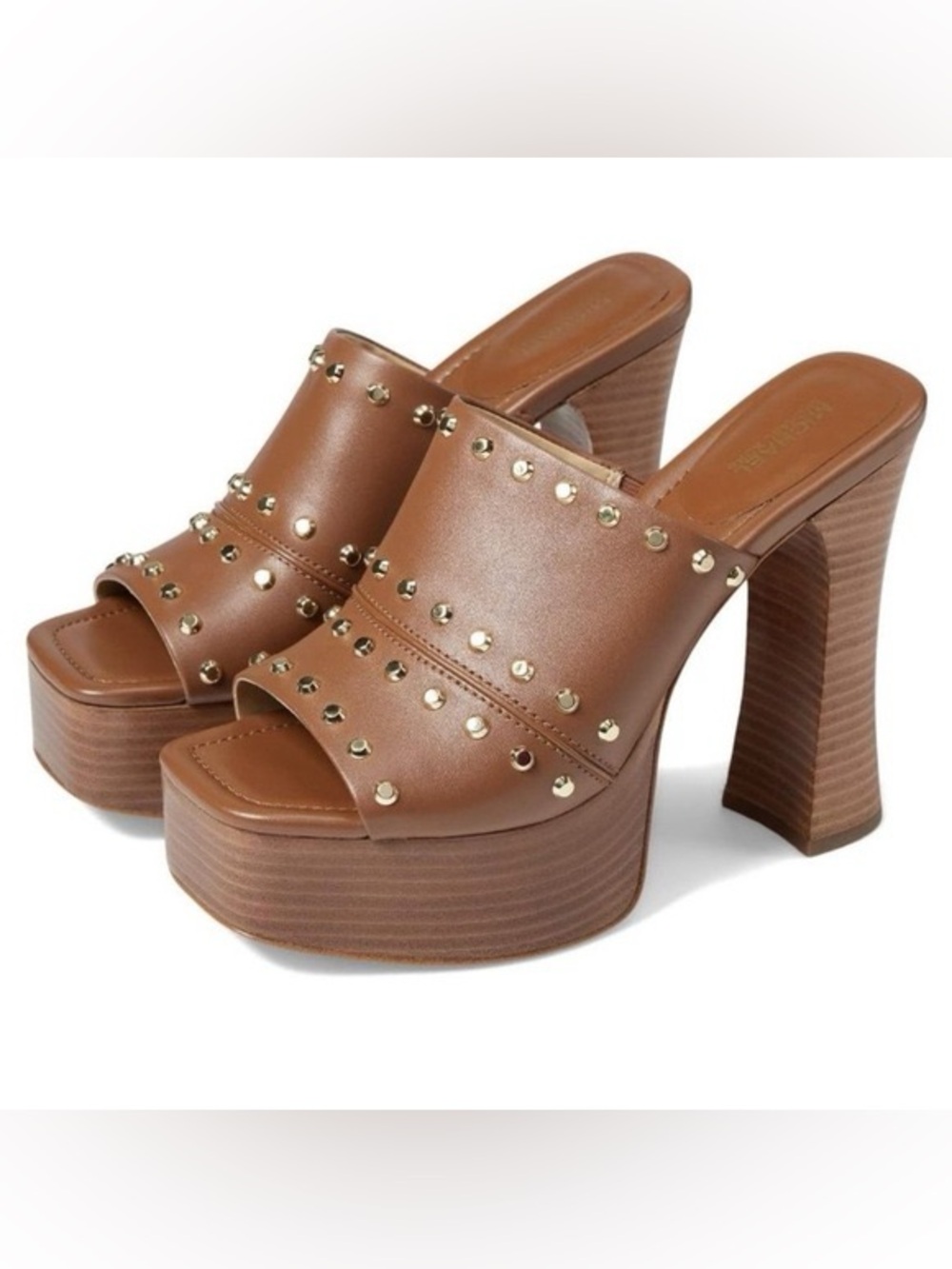 Michael Kors Nora Studded Leather Platform Mule Heels Brown Luggage Size 8